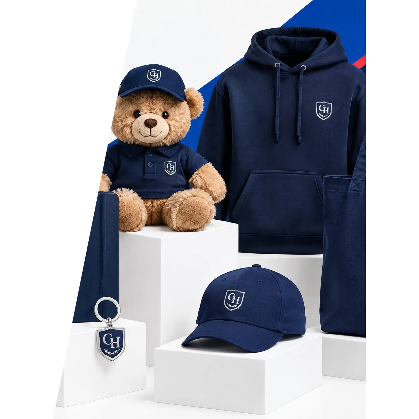 Peluche, polerón, jockey y llavero con la insignia del colegio