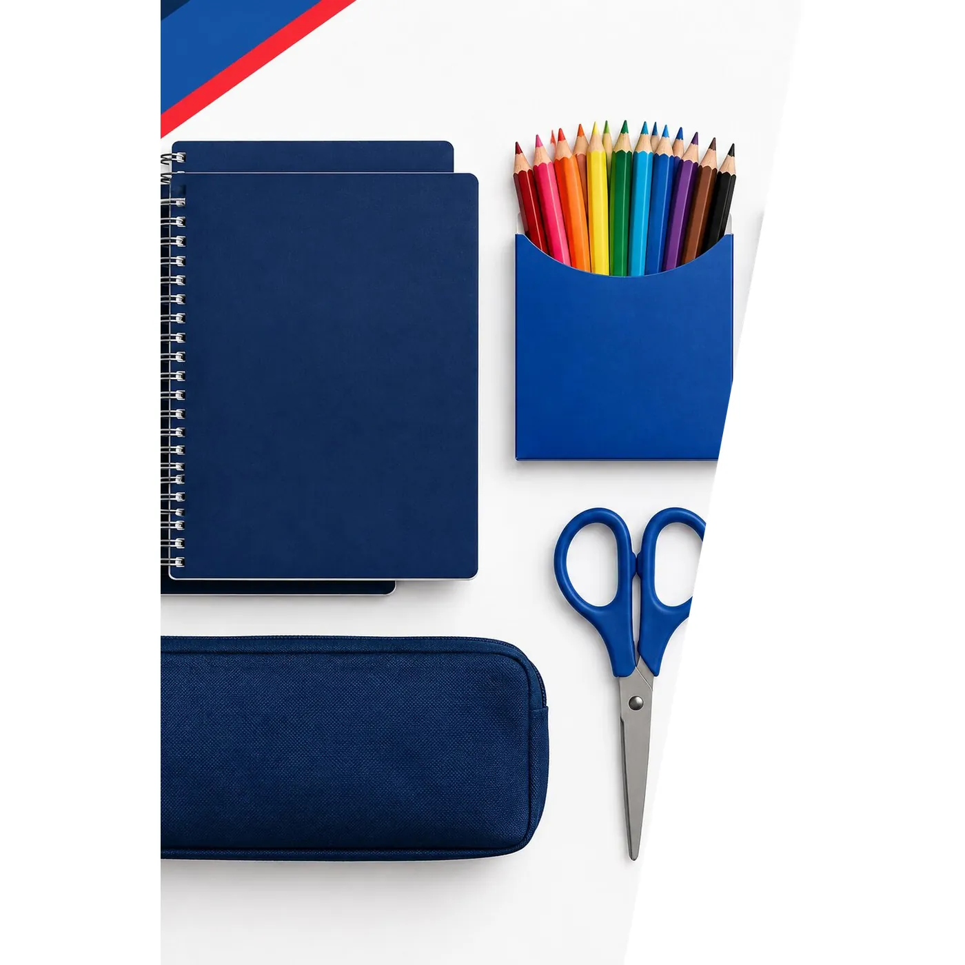 Cuadernos, lápices de colores, tijera y estuche