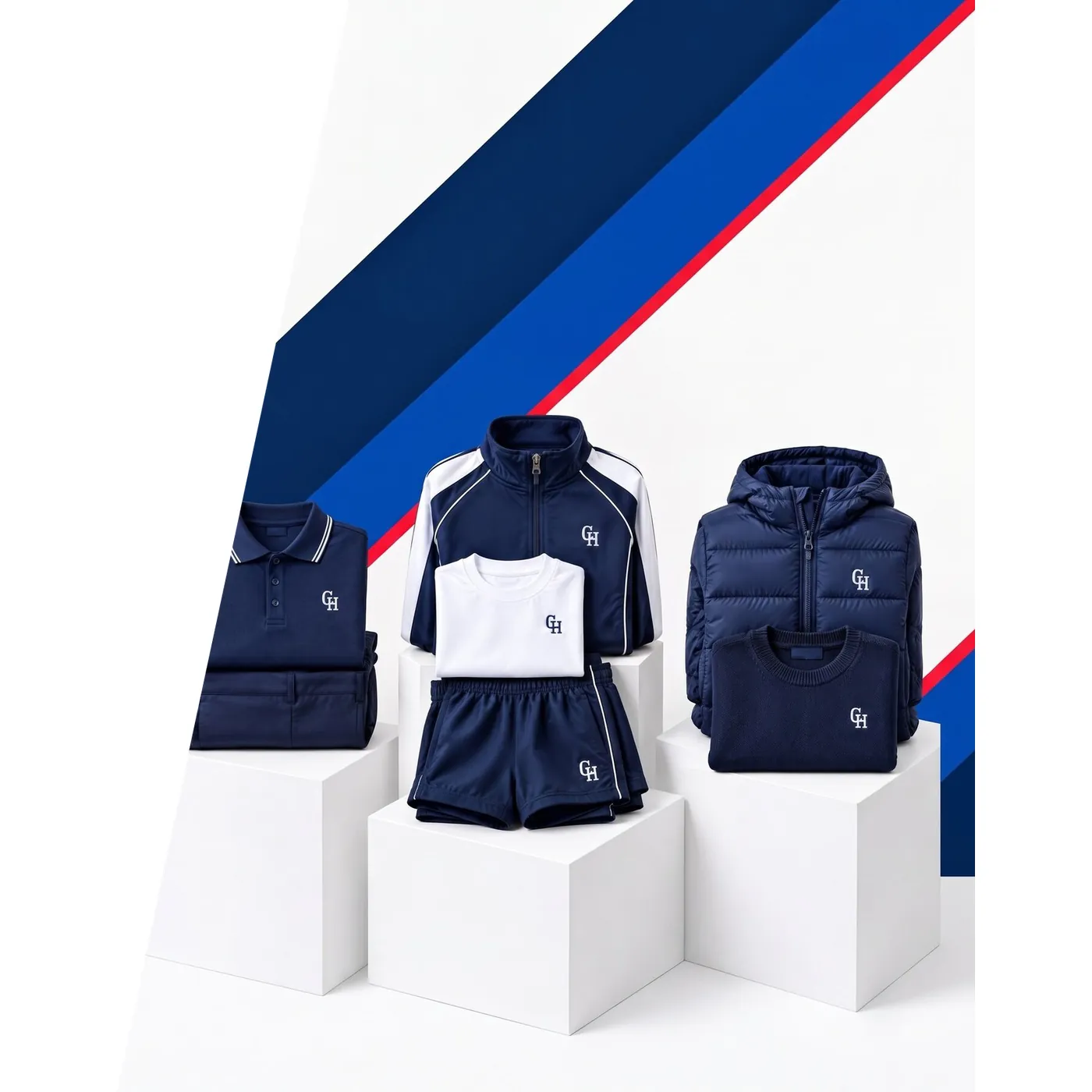 Polera, buzo, short, parka y sweater del colegio sobre podios blancos