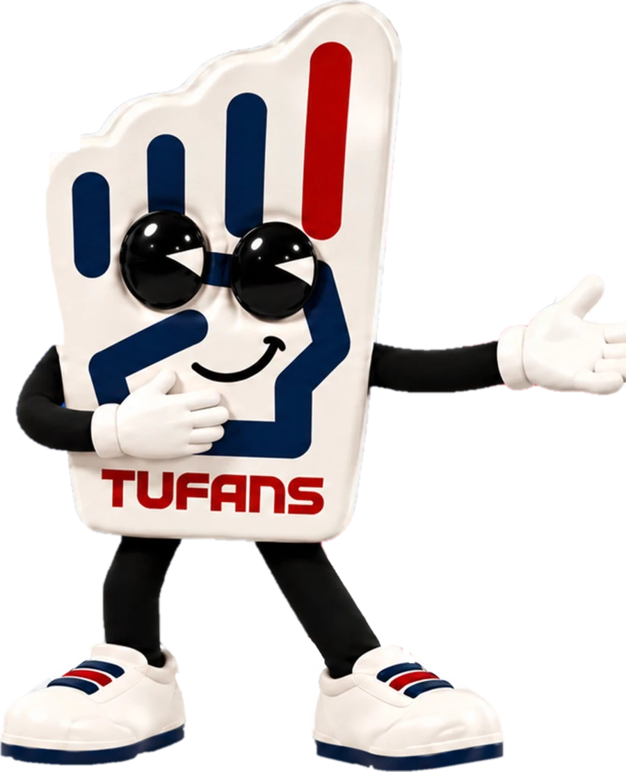 Mascota TUFANS con los brazos abiertos invitando